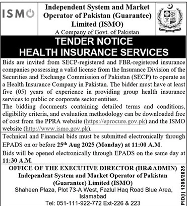 Independent System & Market Operator of Pakistan Limited Islamabad Tender Notice